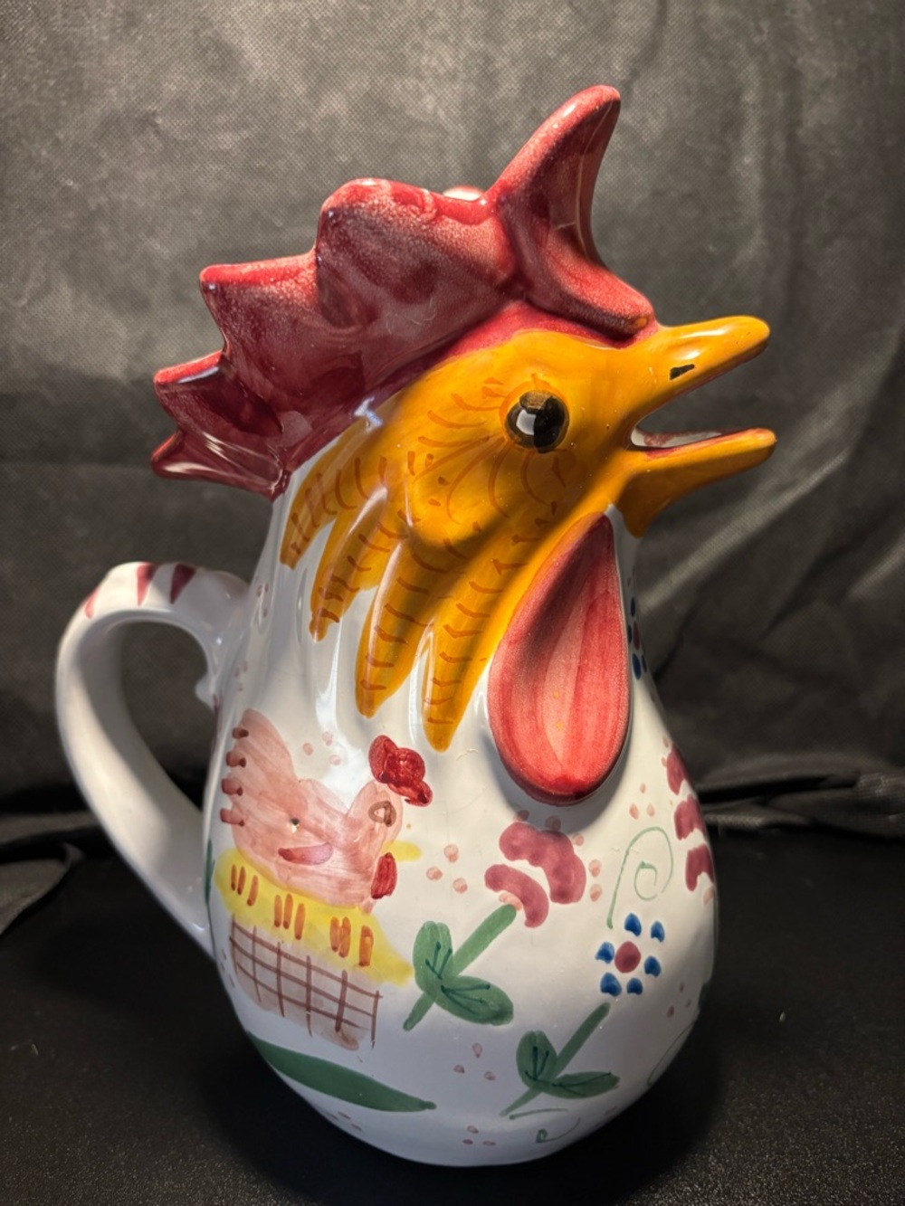 Hand-Painted Ceramic Rooster Pitcher in Yellow and Red